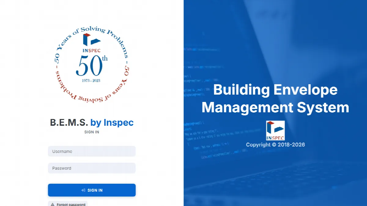 The BEMS sign-in screen: “B.E.M.S. by Inspec” beside the title “Building Envelope Management System” and the Inspec logo